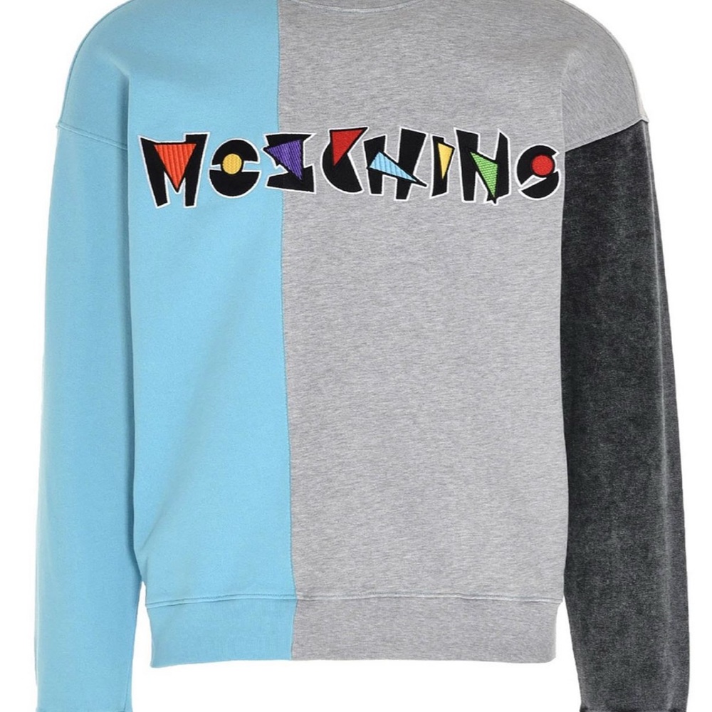 Moschino Men's Blue and Gray Crewneck Sweater